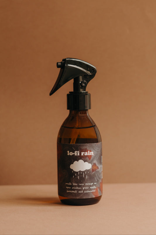 Lo-fi Rain petrichor home spray by otio with green apple, sandalwood, patchouli and woody notes