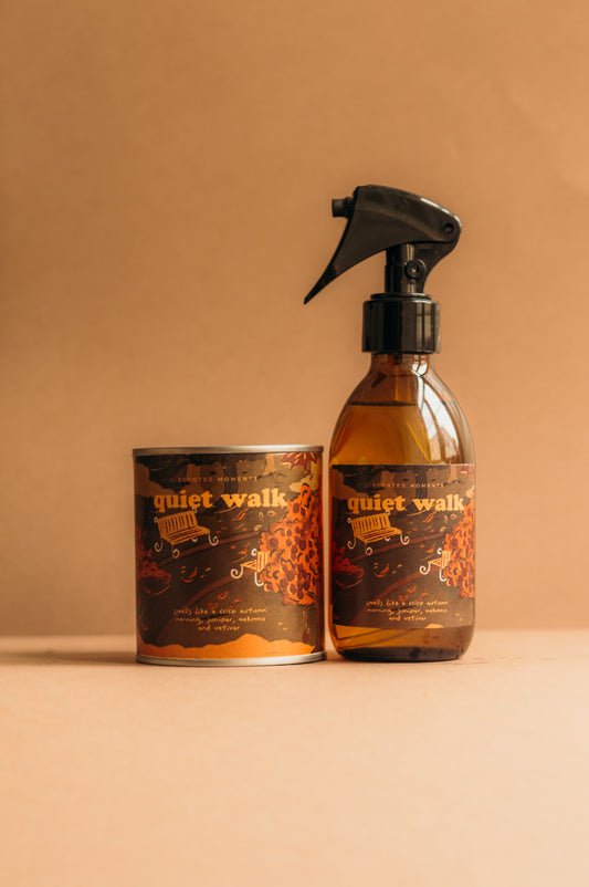 Quiet Walk scented candle and home spray duo by otio with juniper, fir and woody notes