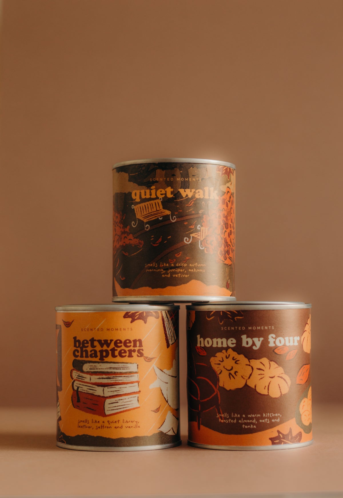 Scenes from Autumn candle set by otio with Quiet Walk, Home by Four and Between Chapters scented candles